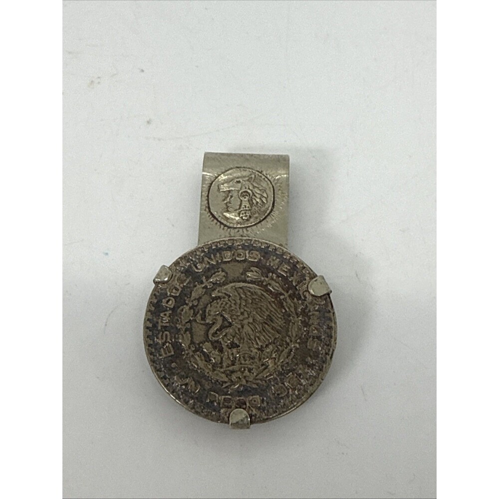 Vintage 1 Peso Mexico Silver Tone Coin 1967 Stamped Alpaca Money Clip
